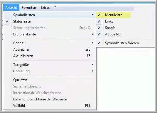 Wie kann ich Internet Explorer Extras finden